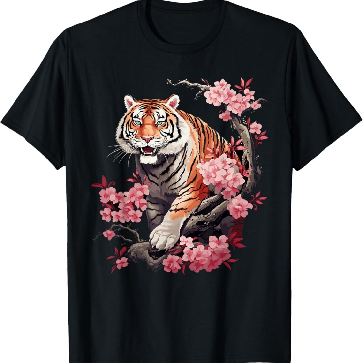 Tiger T Shirts For Women Vintage  Cherry Blossom T-Shirt(5) S чёрный