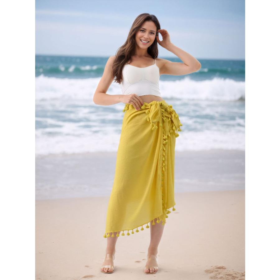 Women's One Piece Pareo Beach Wrap Skirt Flowy Tassel Maxi Skirt, Sarong Cover Up for Vacation 1014
