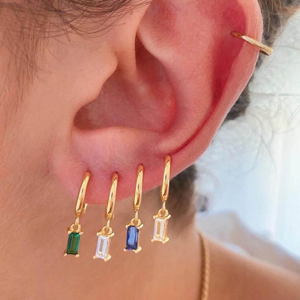 Minimalist Multi Color Baguette Zircon Hoop Earrings Gold Tone Tiny Charm Huggie Earrings for Women Mix Color Stackable Jewelry
