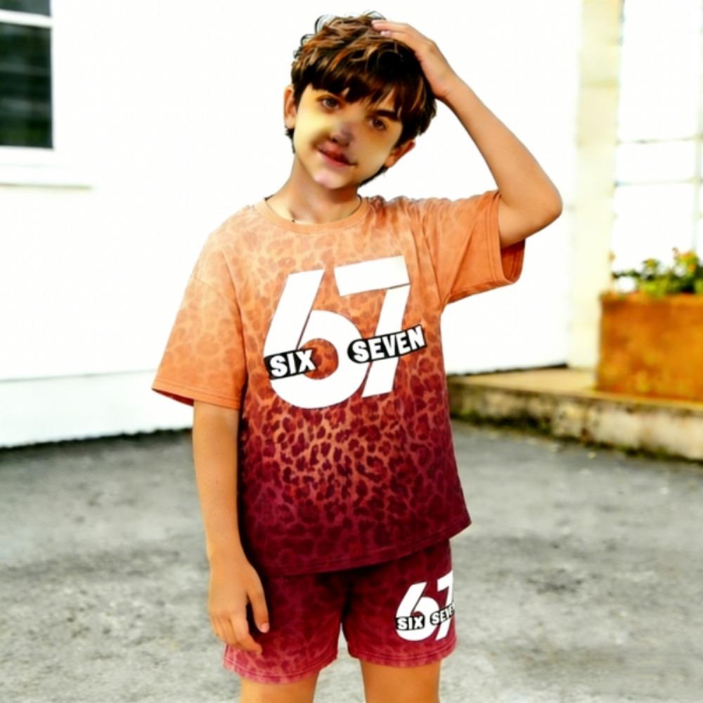 Leopard Gradient 67 Printed Kids T-shirt and Shorts 2 Piece Set Summer Casual Outfit for Boy's and Girl's Kids Clothing Top