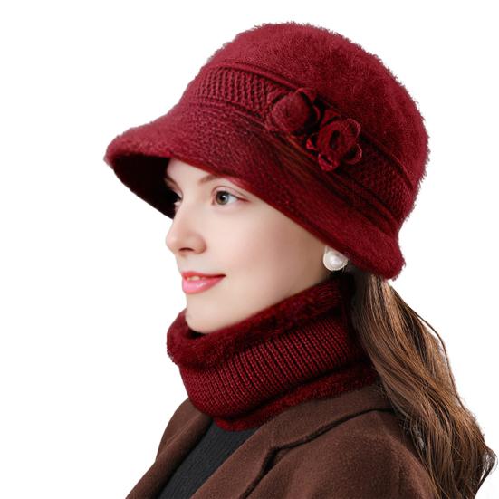 2Pcs/Set Women Winter Hat Scarf Set Elastic Soft Warm Solid Color Design Imitation Rabbit Fur Basin Hat Scarf Set