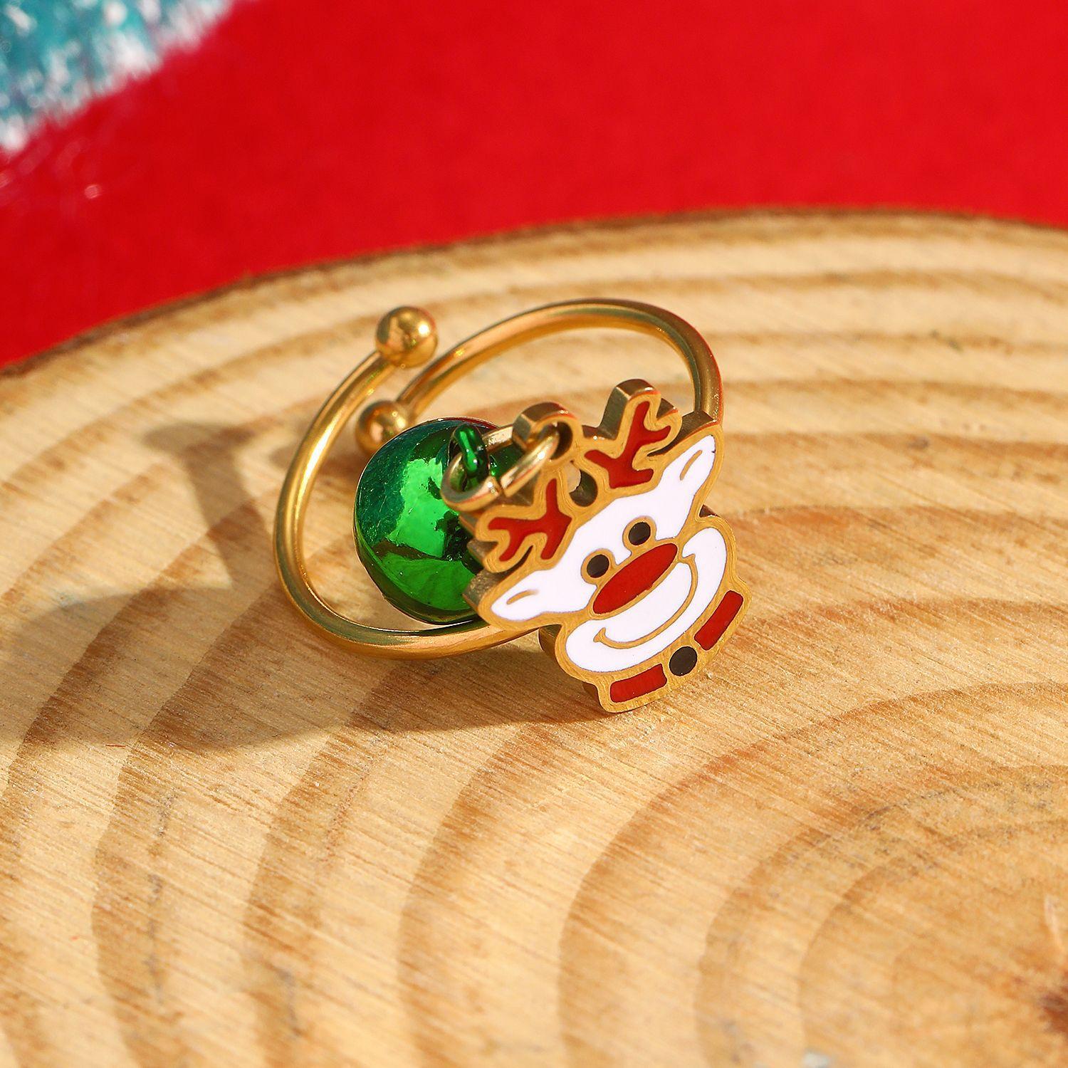Cute Cartoon Colored Snowman Elk Christmas Tree Bell Pendant Stainless Steel Opening Rings Women Romantic Christmas Jewelry Gift resizable