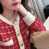 Early autumn new women's clothing round neck plaid small fresh knitted sweater cardigan women's round neck gentle wind jacket top
