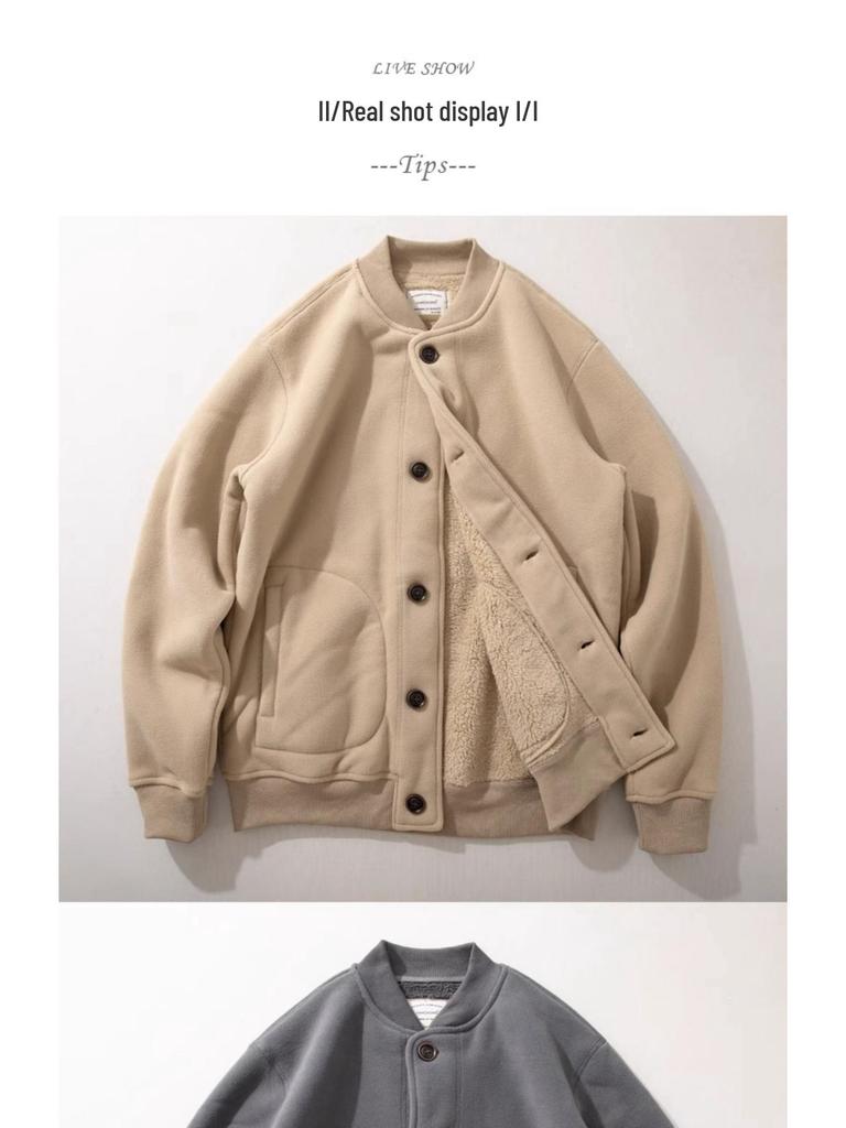 Fleece-Lined Baseball Jacket: Youthful Japanese Style, Thick Warm Outerwear for Autumn/Winter