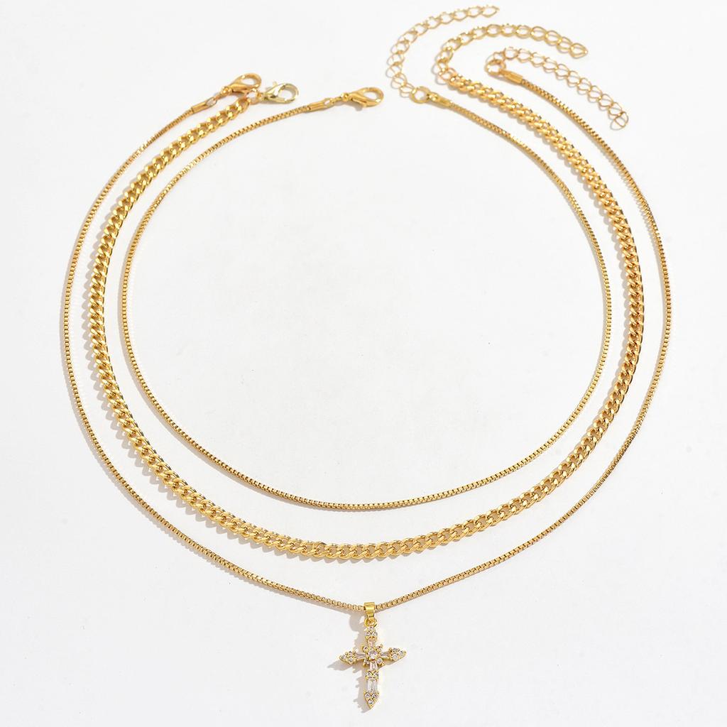 Cross pendant necklace European and American style multi-layer stacking design sweet and cool personality collarbone chain necklace