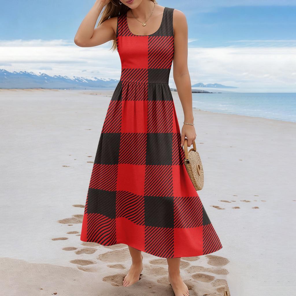 Ladies' Checkered Summer Casual and Fashionable Sleeveless Long Dress