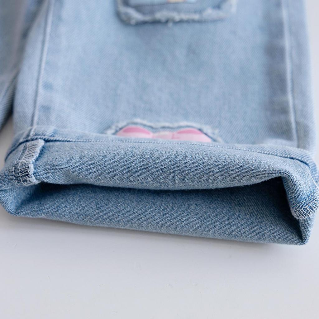 Mädchen Herbst Farbblock Bär Sweatshirt & Bestickte Weitbein-Jeans Set