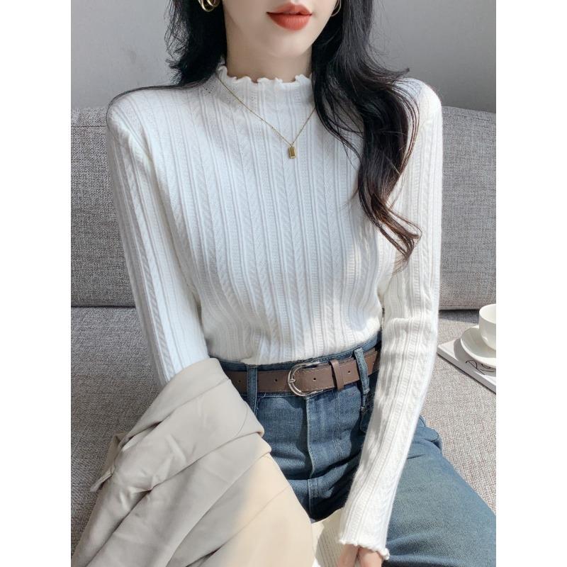 Fresh and fashionable semi-turtleneck fungus edge long-sleeved knitted sweater women's spring age-reducing thin bottoming top