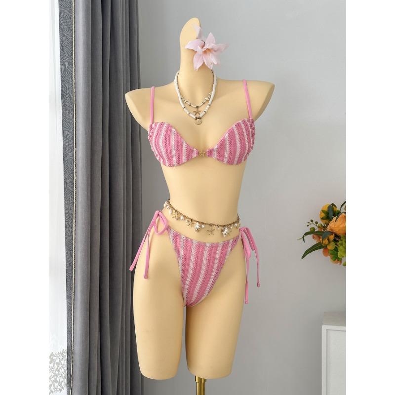Women Sexy Striped Halter Lace Up Bandeau Two Piece Split Bikini Swimsuit