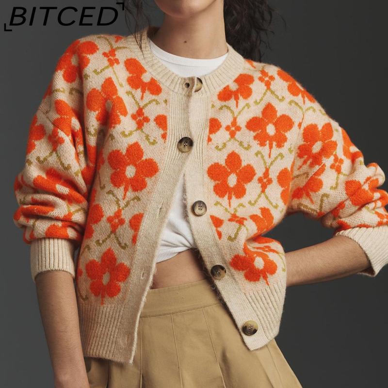 BITCED Floral Jacquard Autumn/Winter Women's Sweater Elegant Button-Front Long-Sleeved Knitted Cardigan