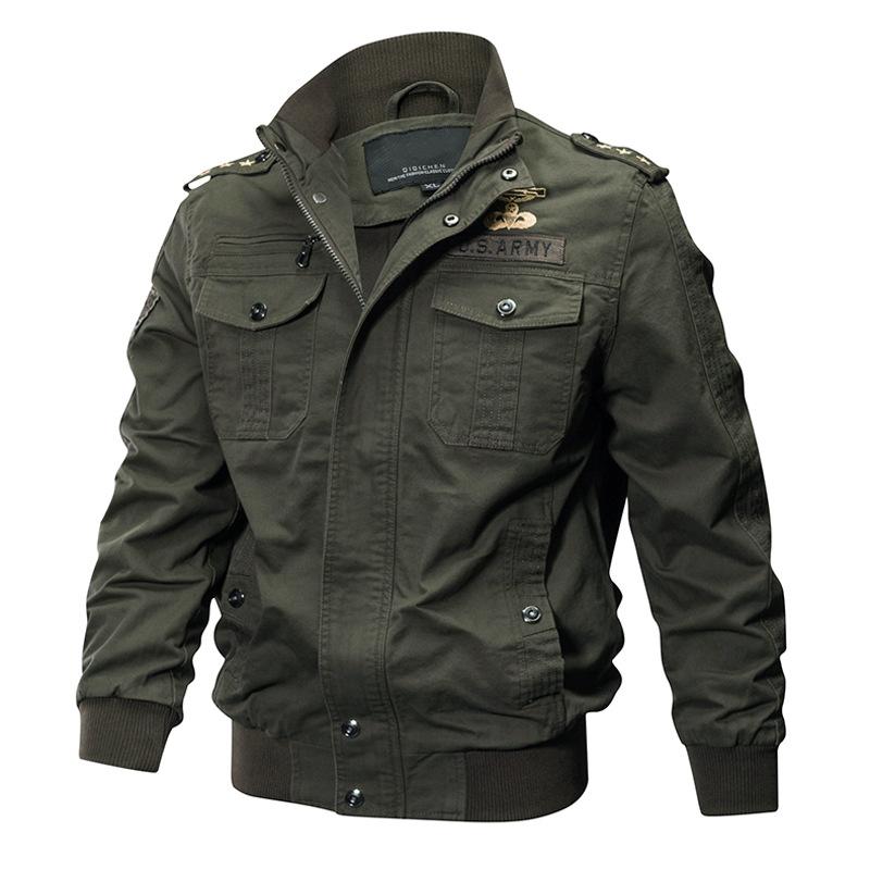 Men's Khaki Utility Jacket with Multiple Pockets, Zipper Button Front, Ribbed Cuffs and Hem