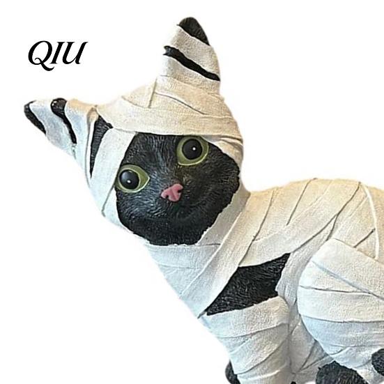 Horror-themed Decor Mummy Black Cat Resin Figurine, Halloween Kitten Statue with Big Eyes & Wrapped Bandages, Cute Desk Shelf Ornament for Spooky Home