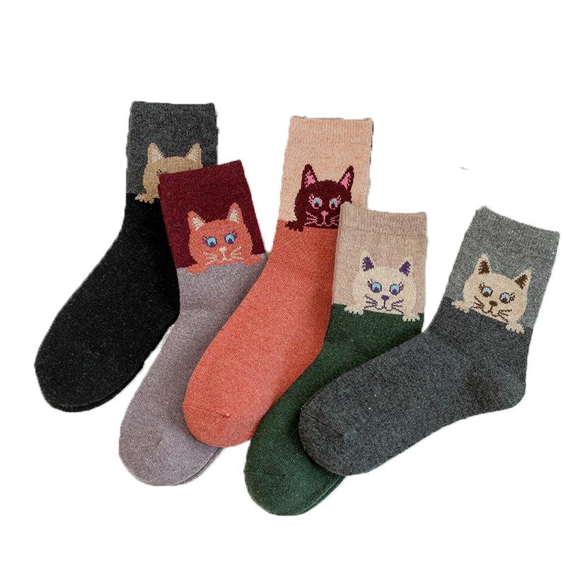 5 Pairs Cozy Winter Socks for Women Mid Calf Thick Warm Cat Rabbit Wool Blend