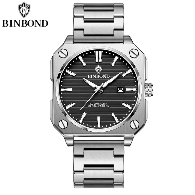 Mode Quadratische Business Herren Quarzuhren Wasserdicht Leuchtend Kalender Luxus Edelstahl Armband Armbanduhren Herren Geschenke