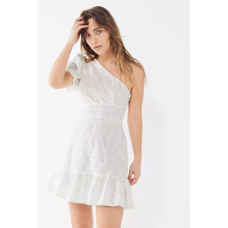 

UO Claire Ruched One-Shoulder Design Machine Embroidery Cut Out Fully Lined Mini Dress USD 89 Wash White(No refund) XS