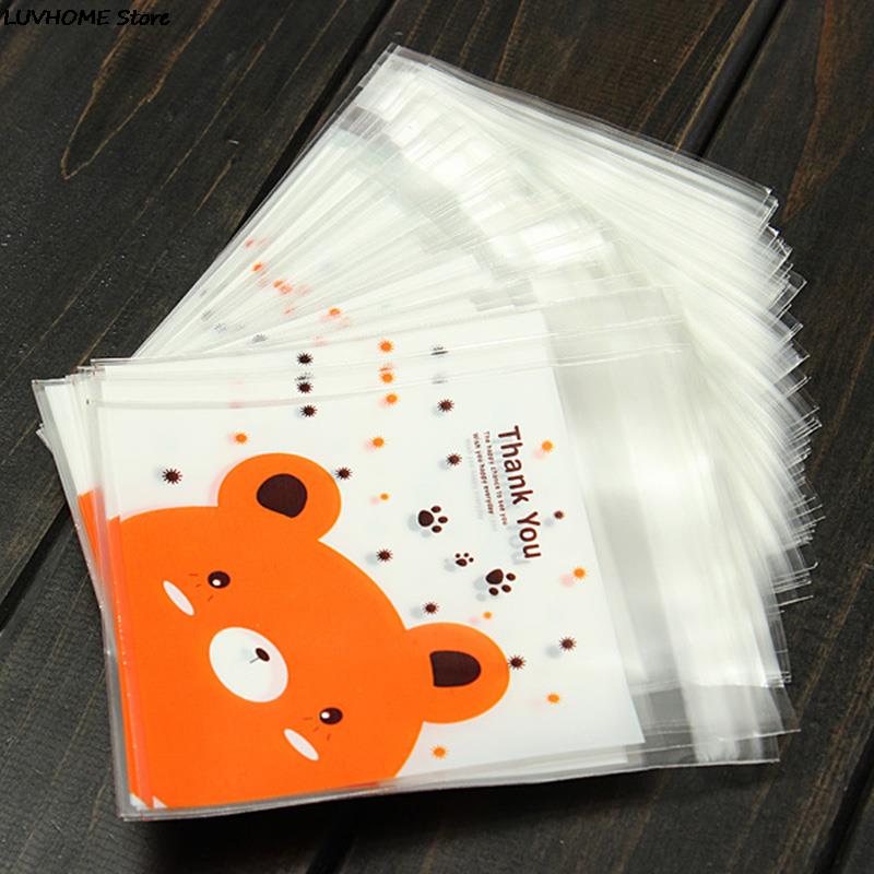 

100pcs Bear Cute Cartoon Gifts Bags Cookie Packaging Self-adhesive Plastic Bags For Biscuits Candy Food Cake Package Other
