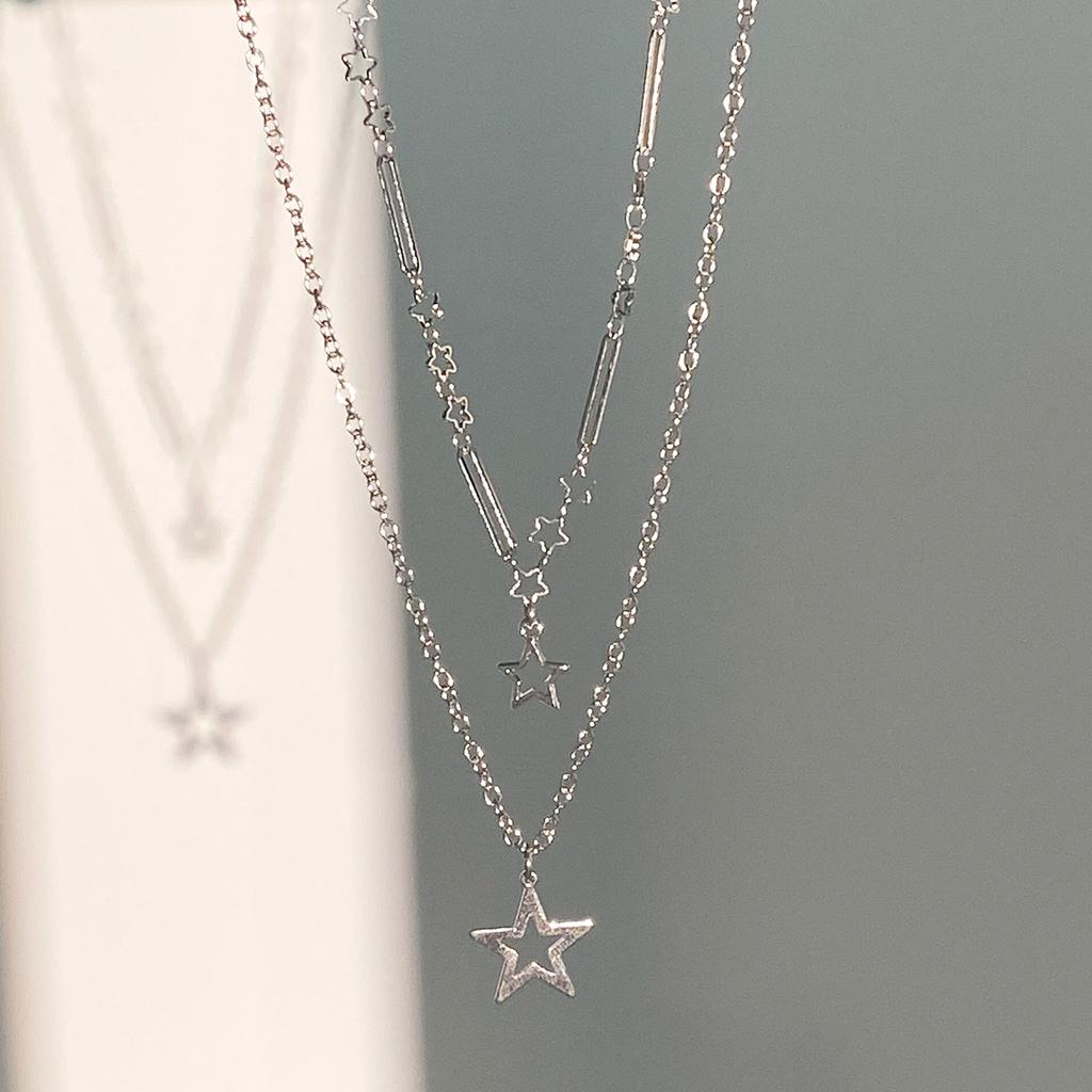 Salircon Fashion Creative Metal Star Chain Necklace Punk Statement Star Pendant Double Clavicle Necklace Women Aesthetic Jewelry