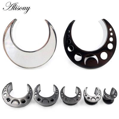 Alisouy 2PCS Mušľa z nehrdzavejúcej ocele Mesiac Okrúhle sedlo Zátky do uší Tunelový Rozťahovač Napínače Meradlá Náušnice Piercing Body šperky