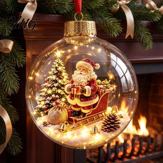Glowing Christmas Tree Ornaments Lighted Ball Ornaments, 3D Miniature Scene Hanging with Warm LED Led Globes Light, Clear Acrylic Bauble Decoration