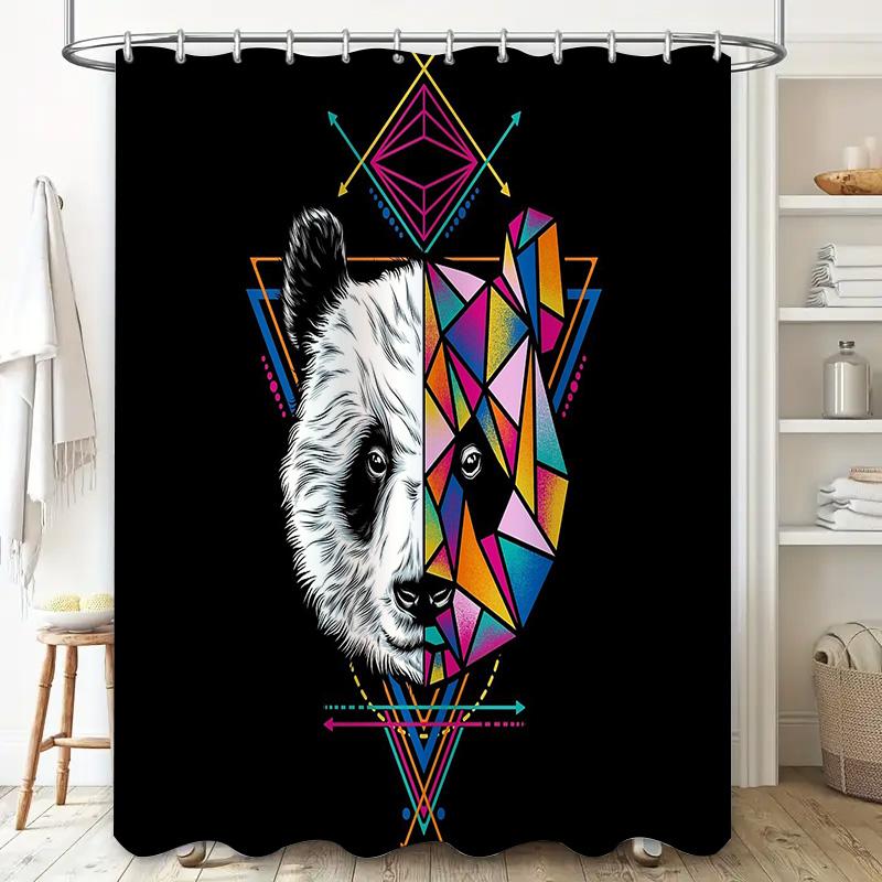 Geometric Panda Shower Curtain Modern Abstract Art Bathroom Decor Washable Waterproof Fabric Liner Set