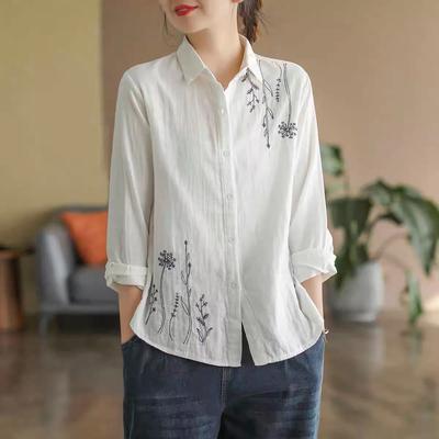 Solid Color Embroidered Cotton and Linen Long-sleeved Shirt Women's Spring Casual Shirt Linen Bottoming Top