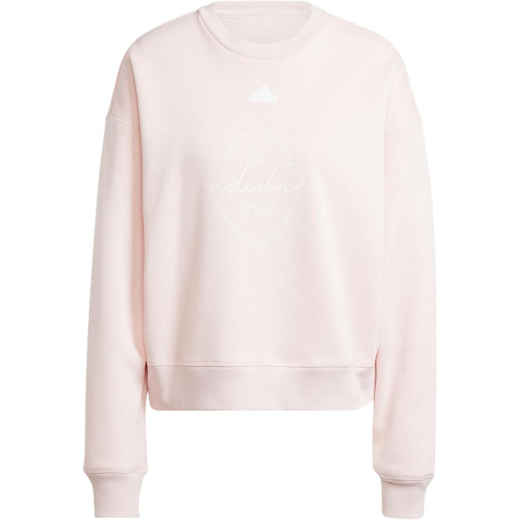 Adidas Signature Print Fleece Loose Logo Casual Sports Crewneck Long Sleeve Sweatshirt Women Sweatshirt Pink IY1455
