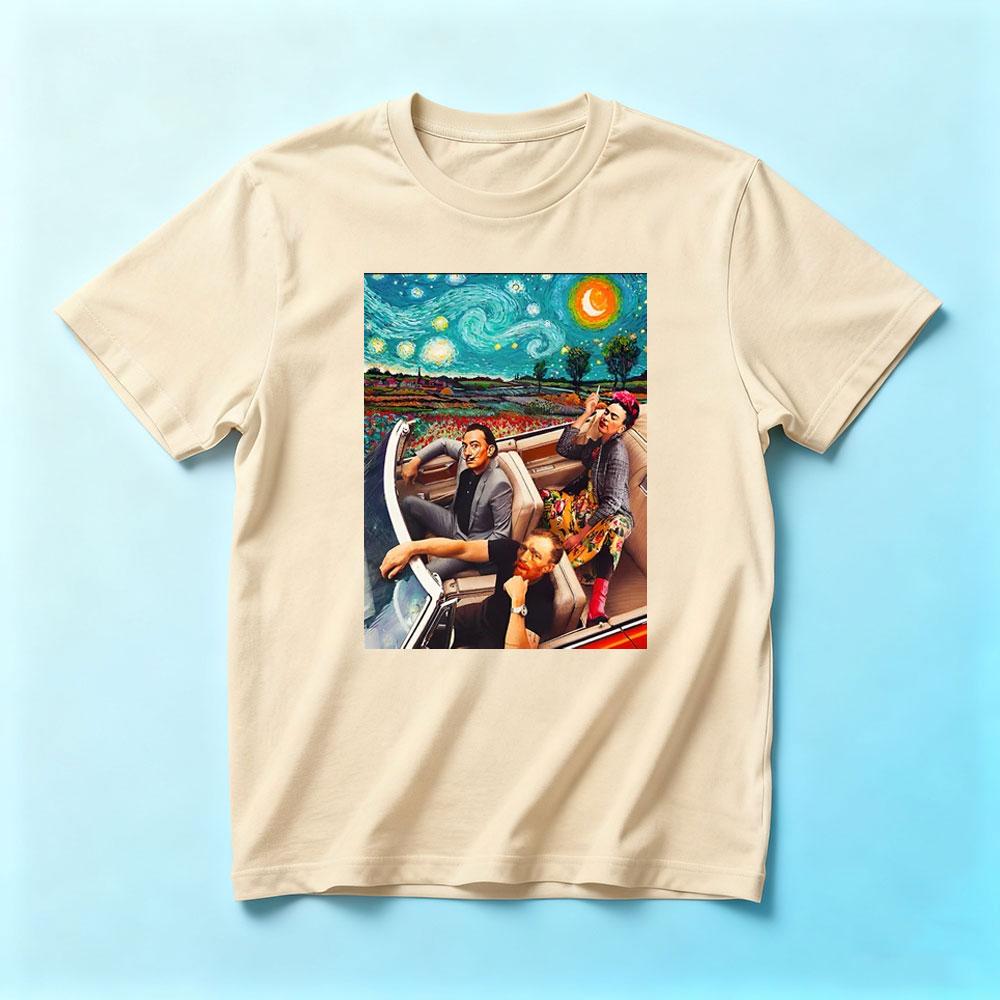 Salvador Dali e Vincent Van Gogh e Frida Kahlo in Macchina Notte Stellata Maglietta Classica Maglietta Frida Kahlo Uomo Donna