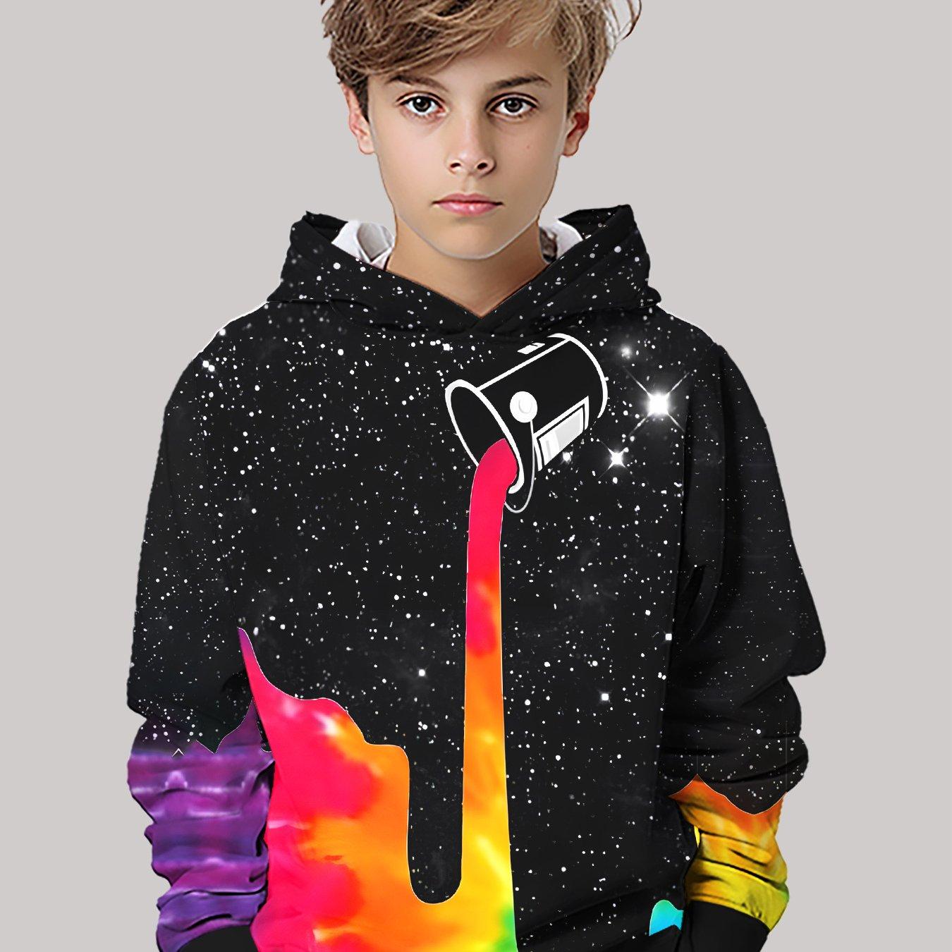 

3D Digital Printing Nebula Ink Splash, Multicolored Paint Bucket Pattern Hooded Sweatshirt, Fashionable Trendy Casual Children s Wear, 13-14Y