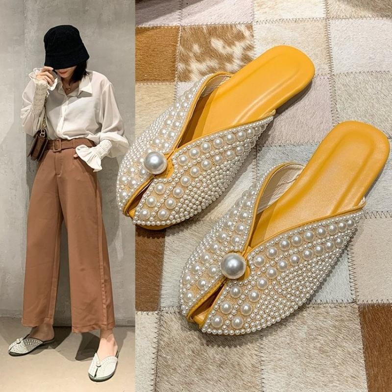 

Women s pearl Baotou Flat slippers Fashion comfortable Dance party sandals Female Flip-flops 40 жовтий