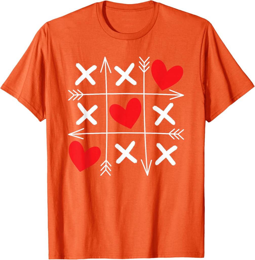 Tic Tac Toe Heart Arrows Valentine Day Graphic Tee Soft Cotton Casual T-Shirt for Men and Women
