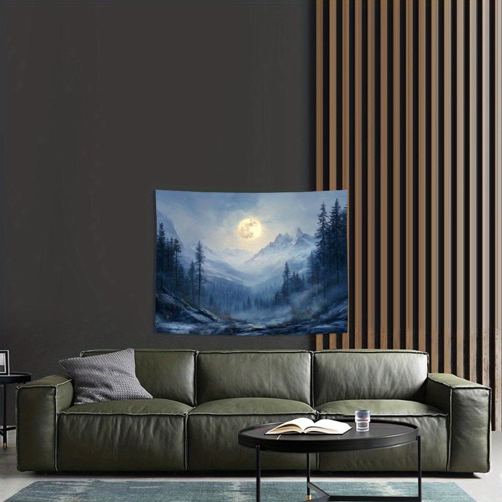 Moonlit Mountains Tapestry, Snowy Peaks and Pine Forest under Full Moon, Night Landscape Wall Hanging for Living Room Bedroom