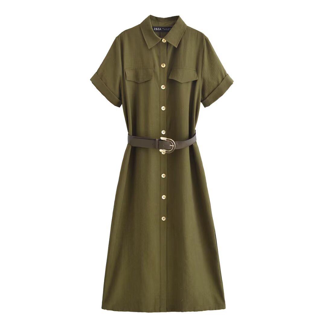 

Весна 2025 Женское платье в европейском и американском стиле с поясом, коротким рукавом и отложным воротником L зелёный
