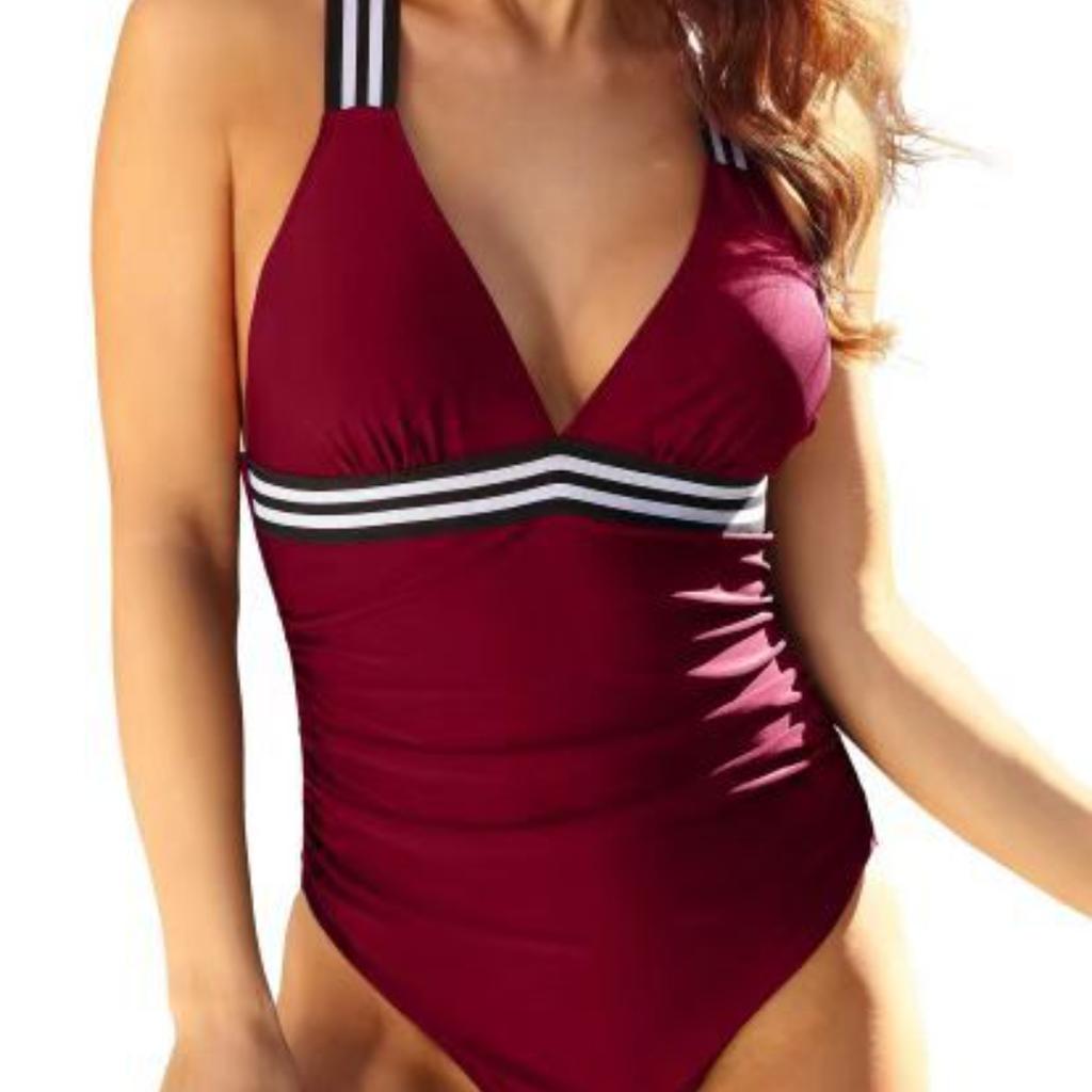 New Sexy Women's V-neck One Piece Solid Color Patchwork Swimsuit Bikini Swimsuit