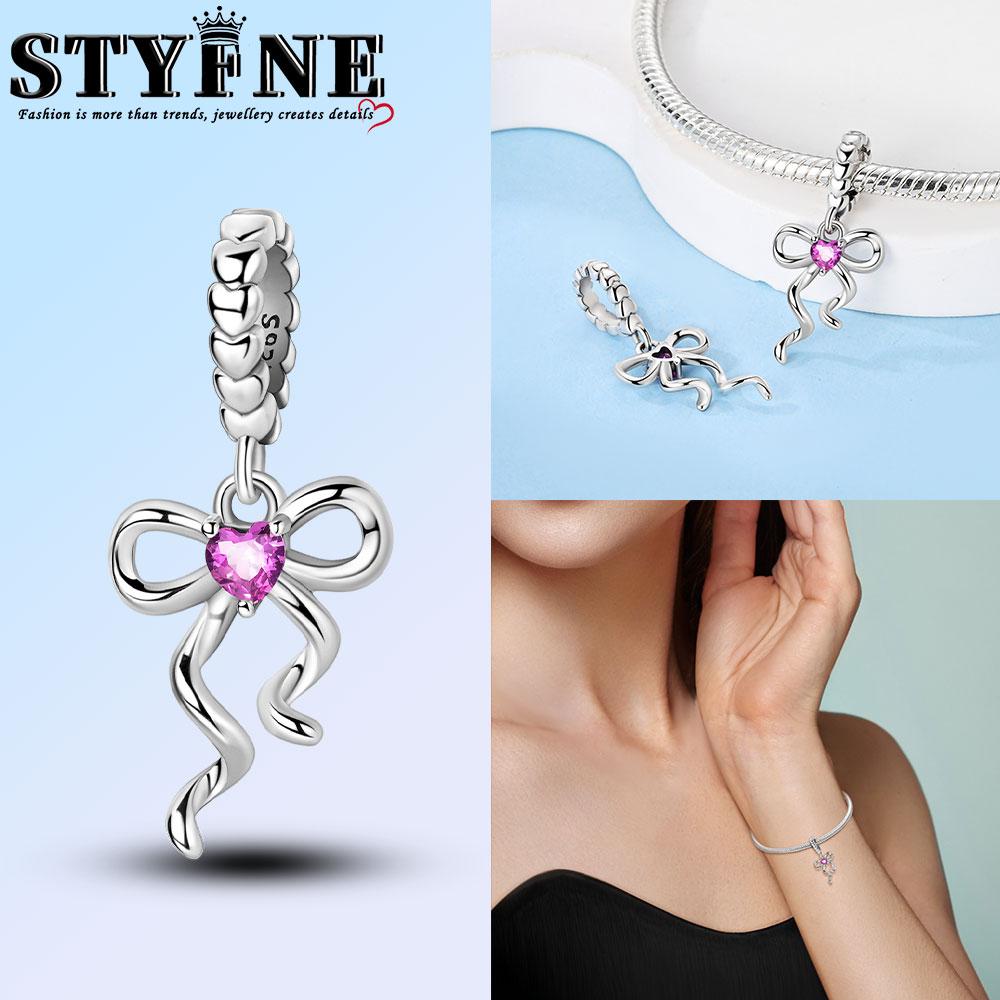 Copper Bow Charms Copper Pink Heart-Shaped Bow Pendants Charms Beads Fit Original Bangle Bracelets Diy Jewelry