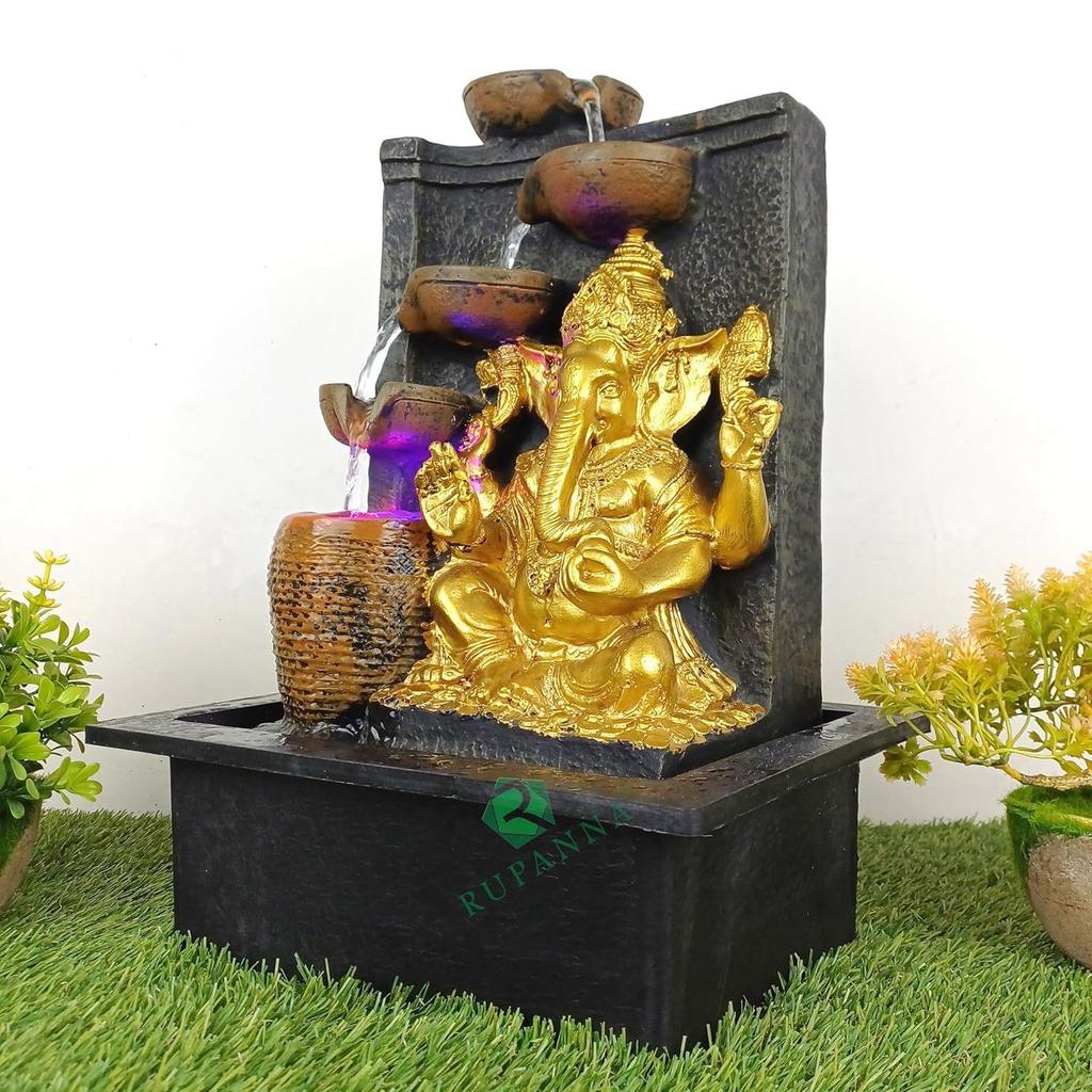 3 Step Ganesha Table Top Water Fountain with RGB LED Light for Home Décor/Gift/Vastu/Pooja/Reception/House Warming (Brown Stone & Gold)