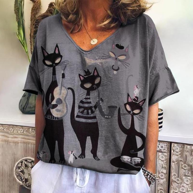 Frauen T-shirt Cartoon Katze Drucken Lose Freizeit Sommer Kurzarm V-ausschnitt Kawaii T-shirts Mit Katze Lustige Weiblichkeit Kleidung