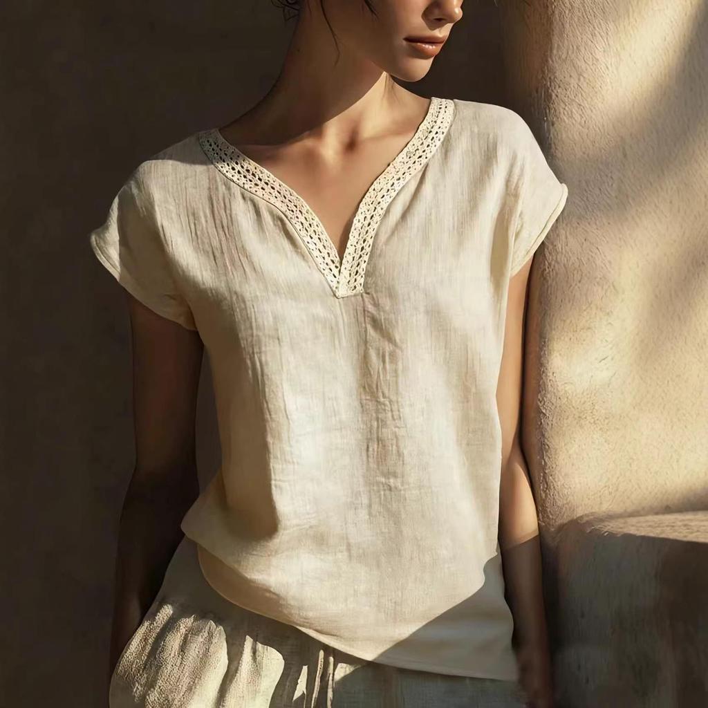 2026 Elegant Bohemian Summer Retro Lace V-neck Cotton-Linen Shirt for Women