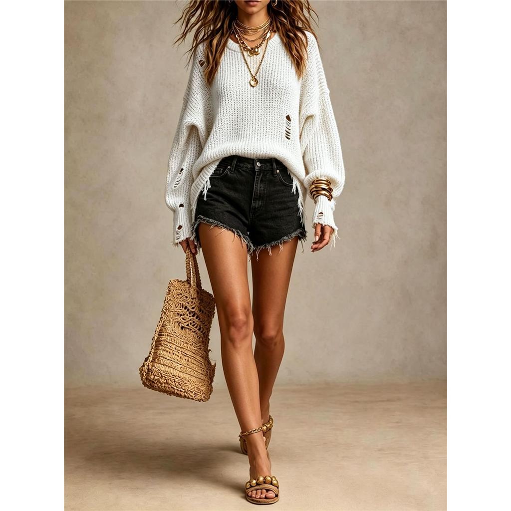 Damen Langarm Tunika Pullover Used Look Rissige Löcher Oversized Locker Gestrickt Jumper