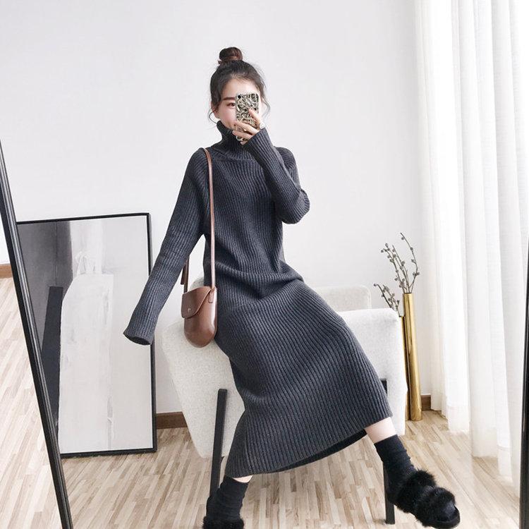 Vielseitiger knielanger verdickter Pulloverrock Damen Herbst und Winter Innenrollkragen gestricktes Unterhemd lockeres langes Kleid