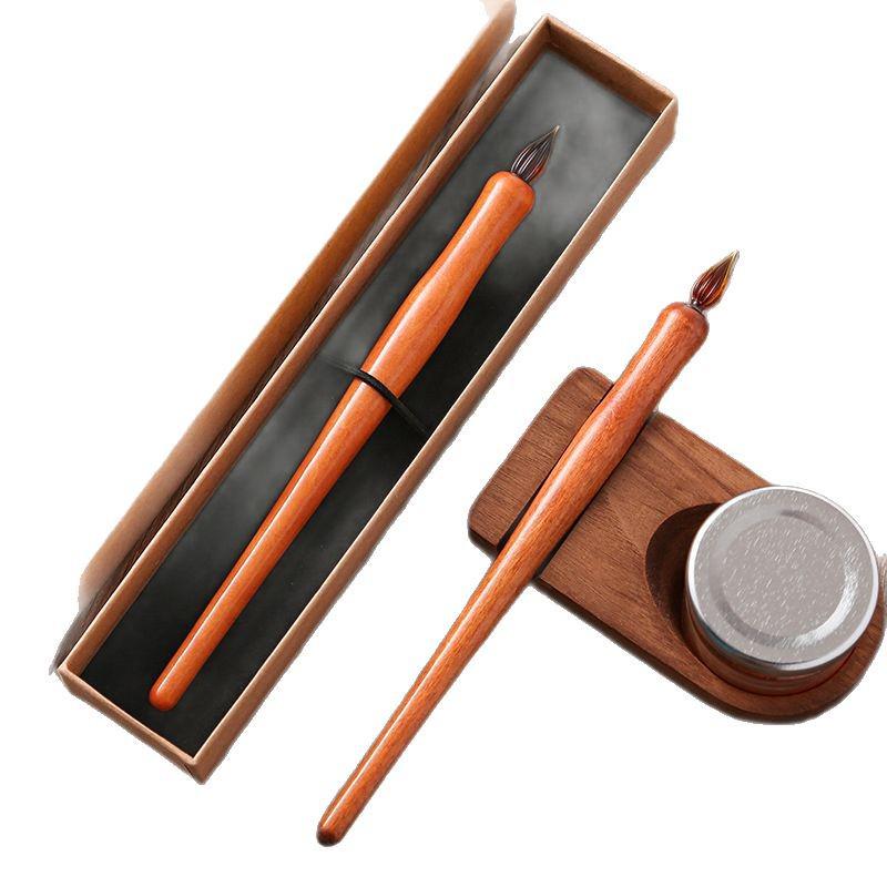 Cartoon Wooden Pen Holder with Glass Dip Pen, Light Color Outlining Pen, Drawing Pen, and Watercolor Brush