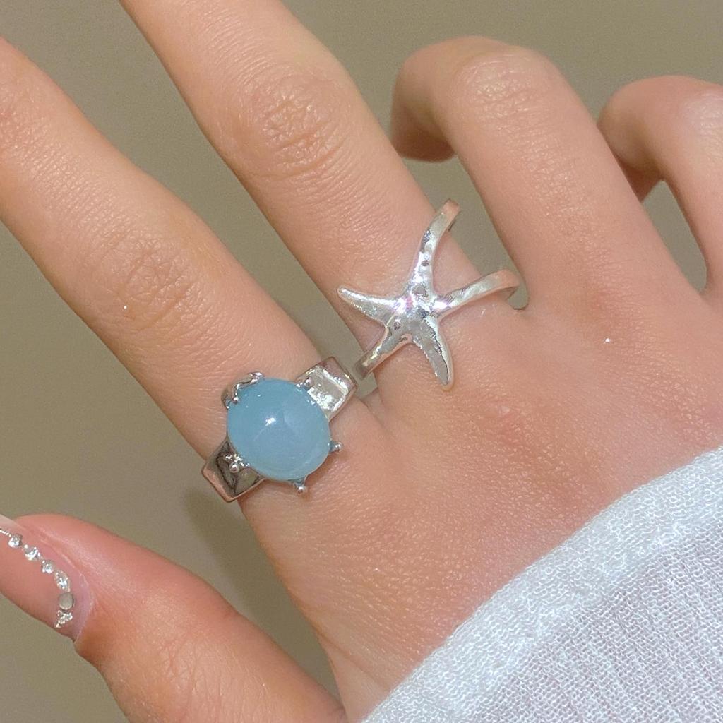 Bohemian Ocean Resort-Style Retro Ring Set: Turtle & Starfish Design