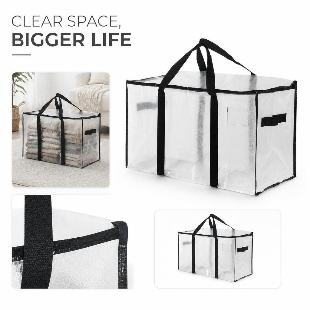 Large Transparent Thickened Storage Bag Woven Tote Bag for Blanket Clothes Moving and Household Organization Heavy Duty Durable