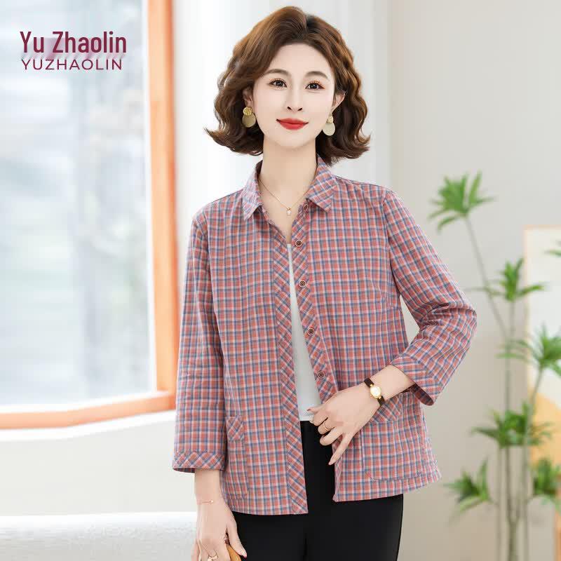 YUZHAOLIN Women s Plaid Seven-Sleeve Blouse L