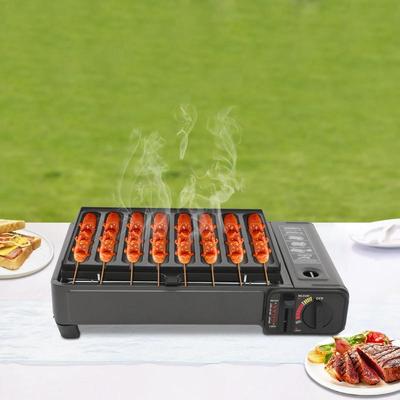 Gasgrill Kocher mit Wurstgrillplatte Kunststoffbox Tragbarer Camping Butan Kocher Einstellbare Flamme für Outdoor Picknick BBQ