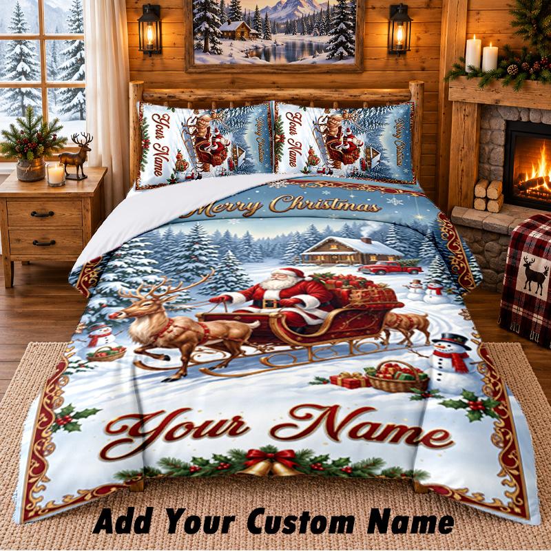 Christmas Custom Name Pattern Bedding 3Pcs Set Bed Sheet Pillowcases Indoor Bedroom Holiday Gift