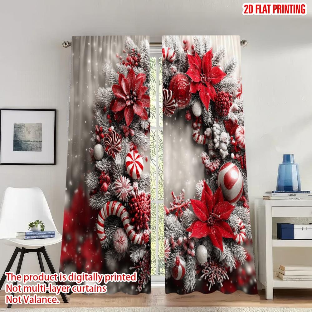 

Flat Printing Merry Christmas Party Curtains Wreath Snowflakes Ornaments Digital Printed Polyester Drapes Set Of 2 Made W100*H70(CM)-Rod Pocket&1PCS