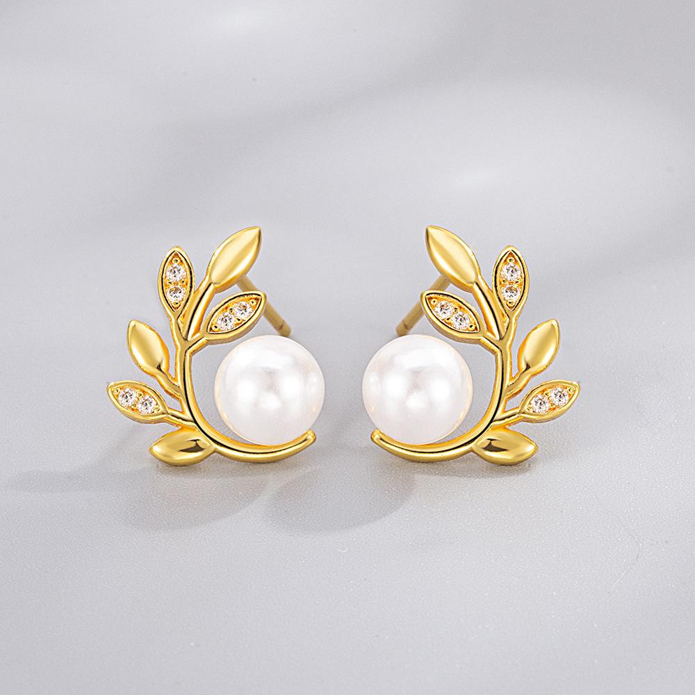 Simple Female Earrings 925 Sterling Silver Leaf Design Row Zircon Pearl Small Earrings for Women Promise Love Wedding Jewelry