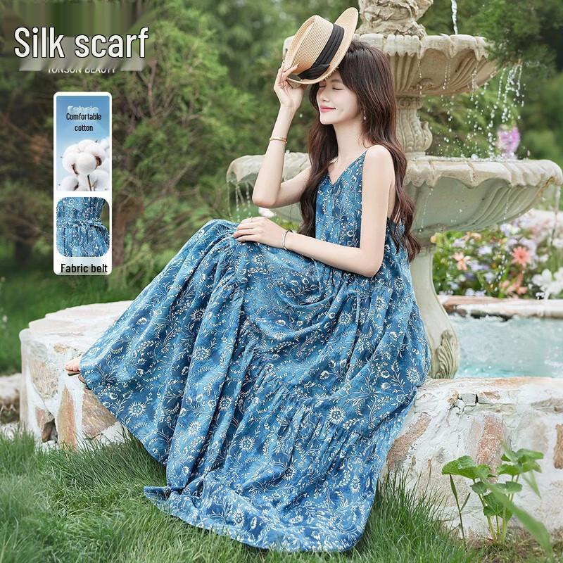 Women s Cotton V-Neck Floral Strappy A-Line Maxi Dress XL