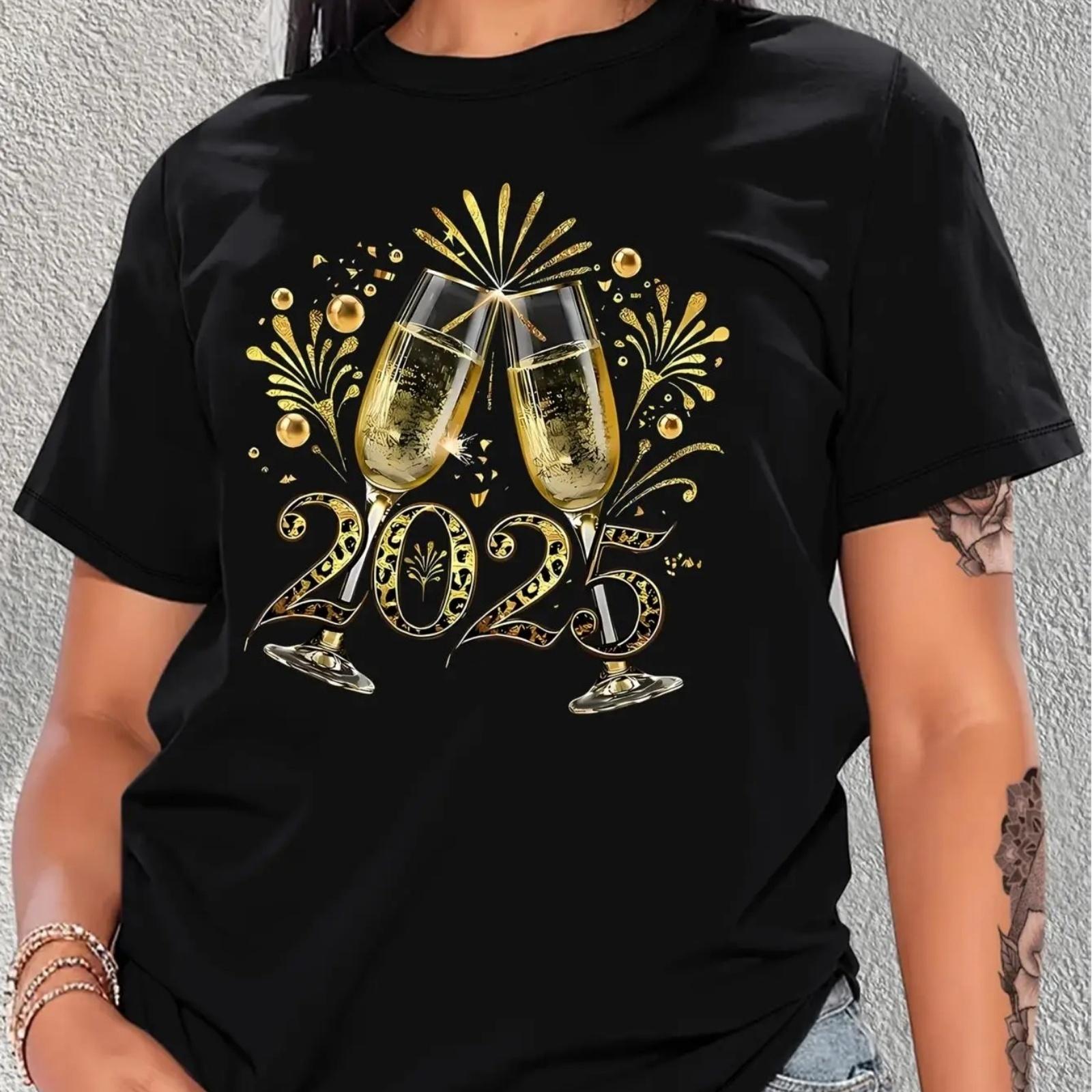 

New Year S Eve Toasting Champagne Flares & Balloon Print Women S Casual Fashion T-Shirt, Crew Neck, Short Sleeve, Knit Fabric wi XXXXXL чорний