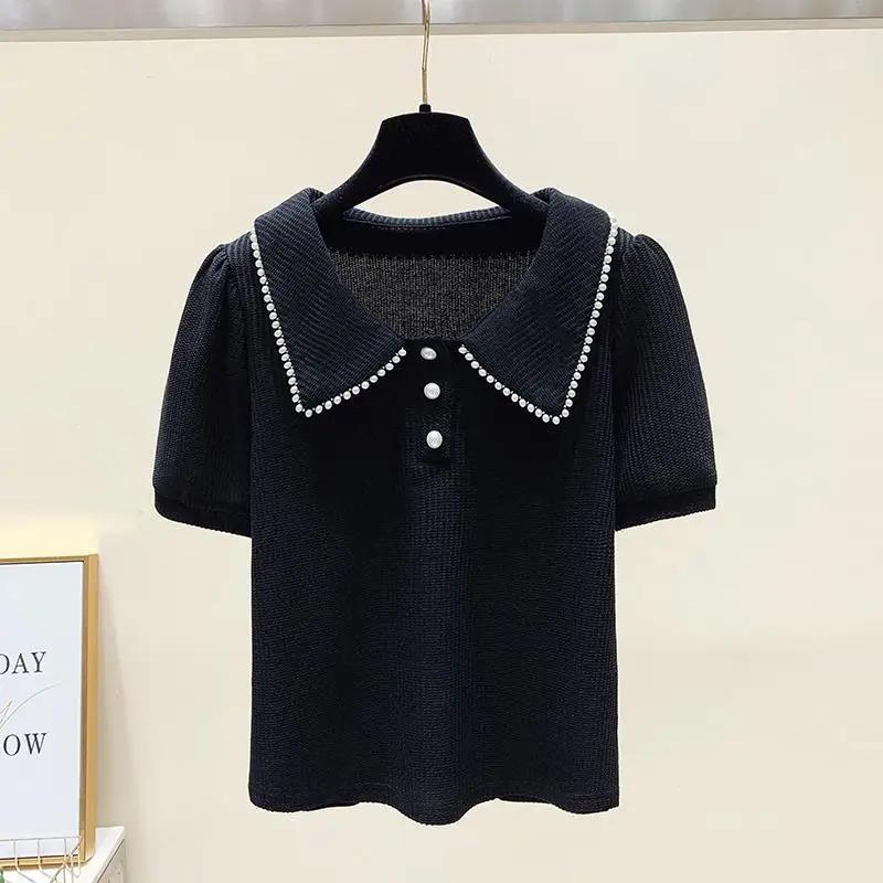 

French Temperament Summer New Puff Sleeve Fashion Short Sleeve T-shirt Solid Pearl Casual Slim Top M чорний